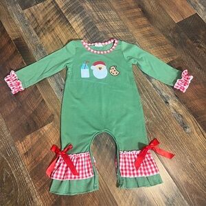 Cookies with Santa green and red checkered trim romper. 12-18 months
